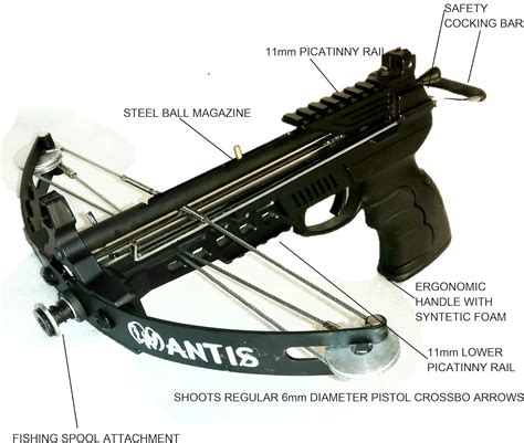 This multifunctional medium length crossbow that can shoot 3 wing hunting arrows , short arrows (3 wing bolts) and 8 mm balls. . Pistol crossbow that shoots steel balls